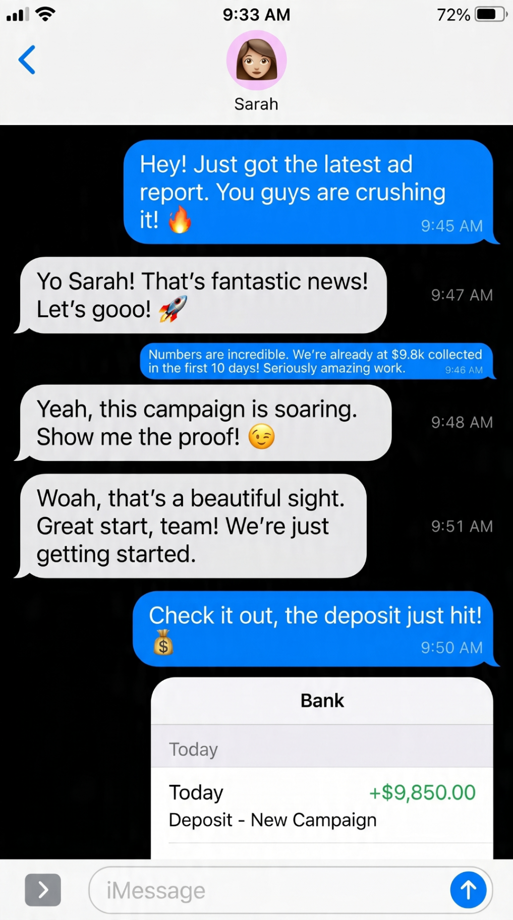 Owner message reporting $9,850 collected in the first ten days of a campaign