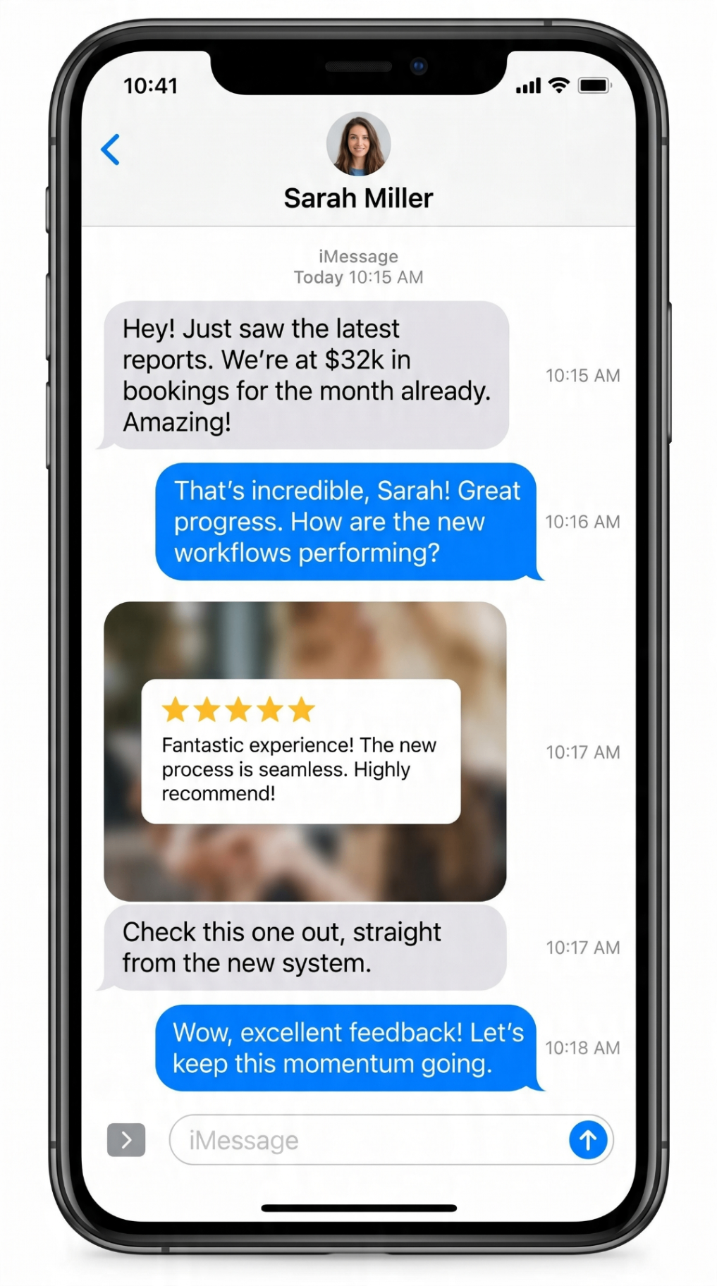 Owner message reporting $32,000 in bookings for the month and a five-star patient review