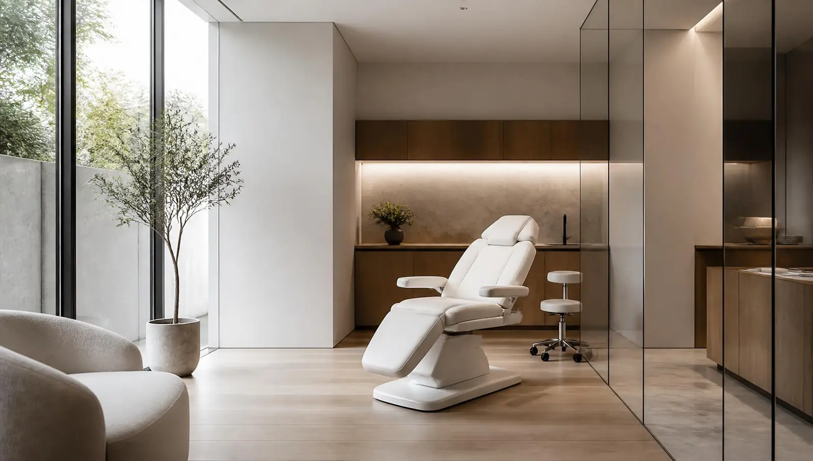 An empty, light-filled cosmetic dermatology consultation room with stone, glass and oak surfaces.